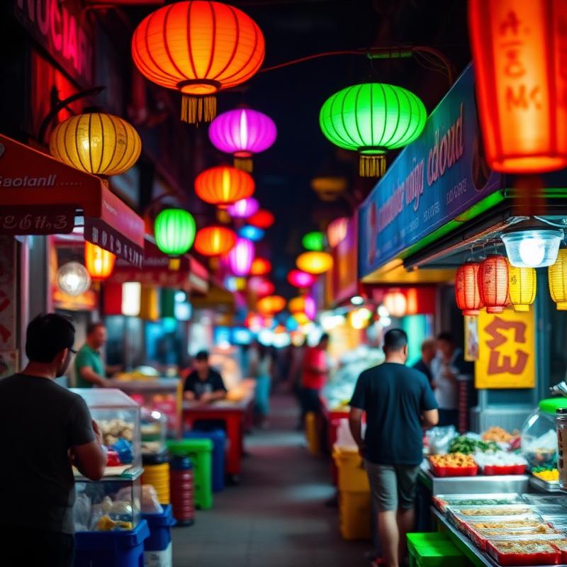 Vibrant night food market with glowing lanterns