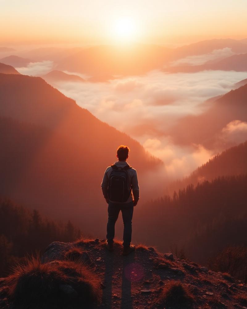 Traveller overlooking a misty mountain valley at sunrise