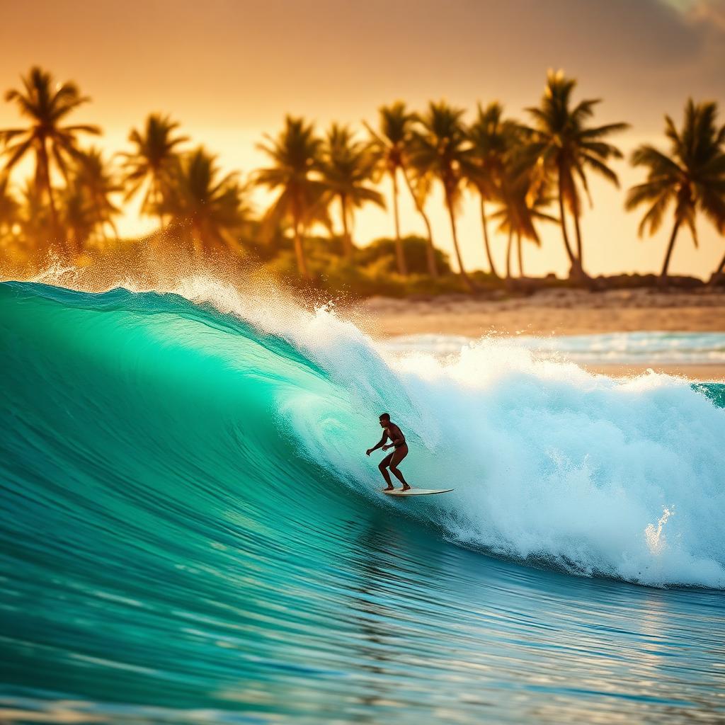 Surfer riding a turquoise wave by a palm-lined beach
